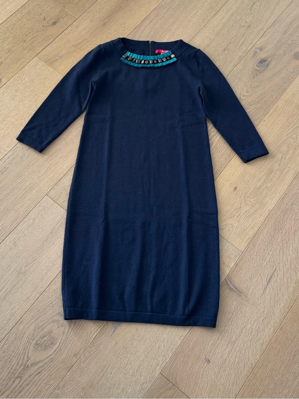 Boden Navy Wool Sweater Dress Beaded Ruffled Neckline with Gems Size 4